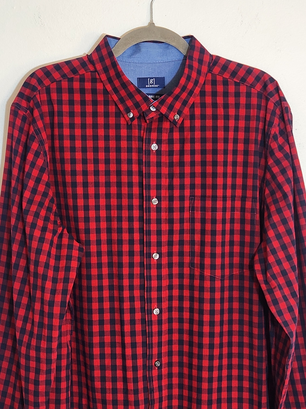 George Red and Navy Plaid Check Long Sleeve Button Down Shirt Size XL - Picture 2 of 8